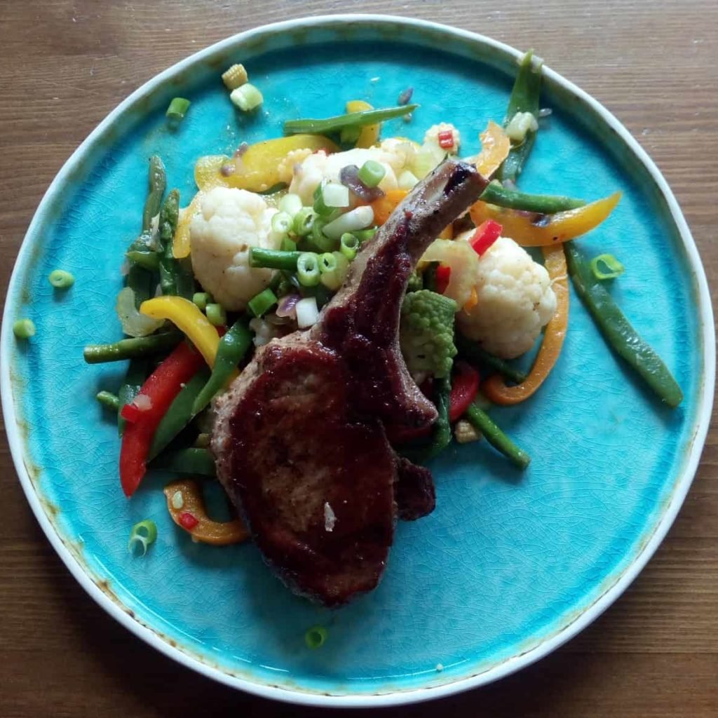 Wokgroentjes met Iberico koteletjes